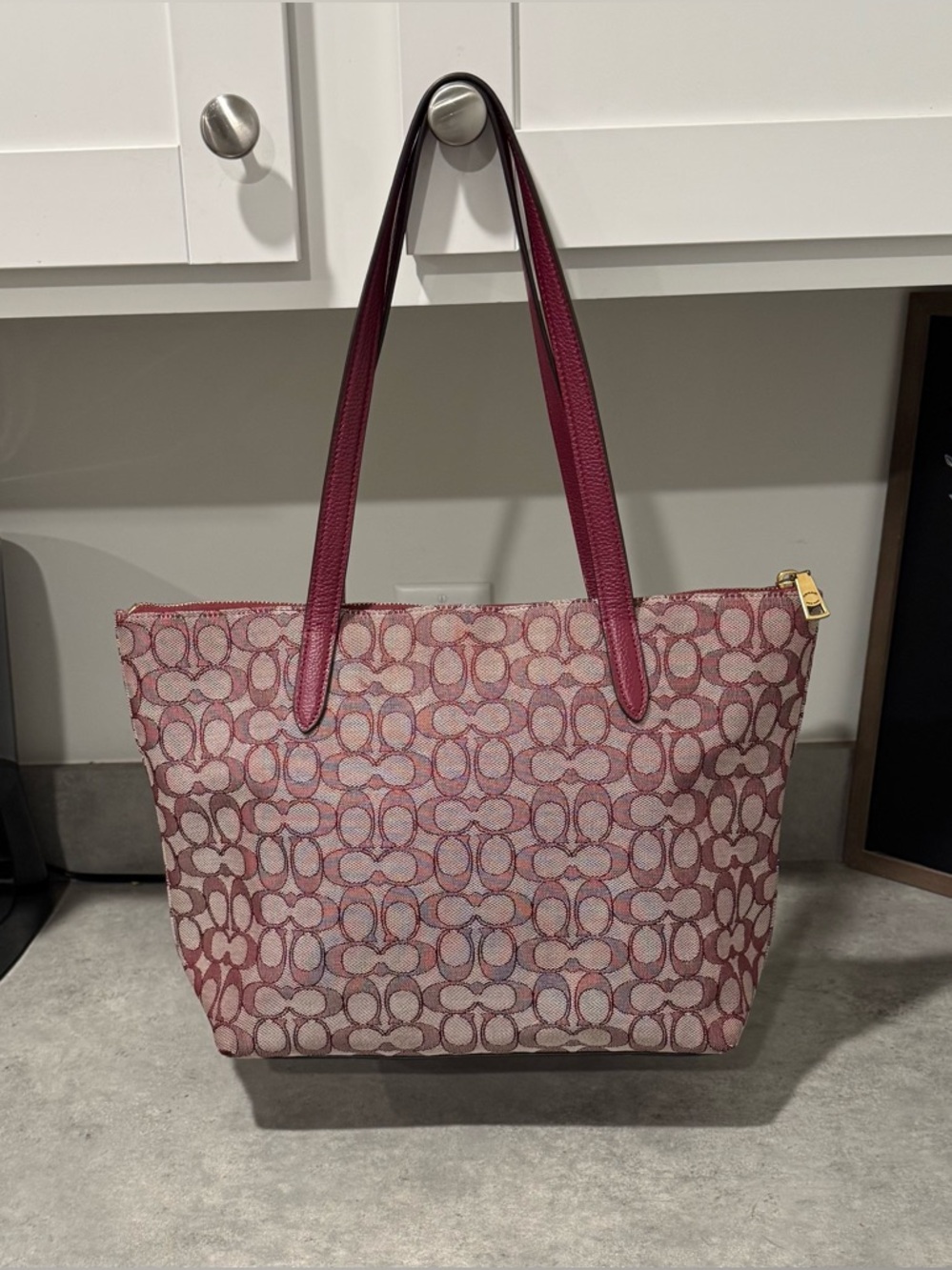 Coach Signature Jacquard Zip Tote Bag with Burgundy Leather Trim (Style 5106) - Picture 2 of 10